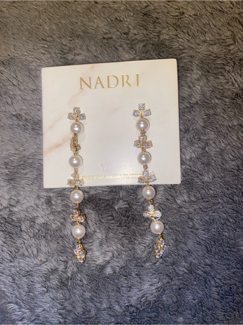 Nadri Gold-tone Pearl and Crystal Linear Drop Earrings - White Pearls